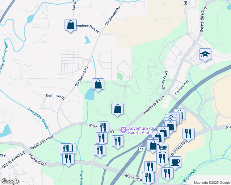 map of restaurants, bars, coffee shops, grocery stores, and more near 1125 Sanctuary Parkway in Alpharetta