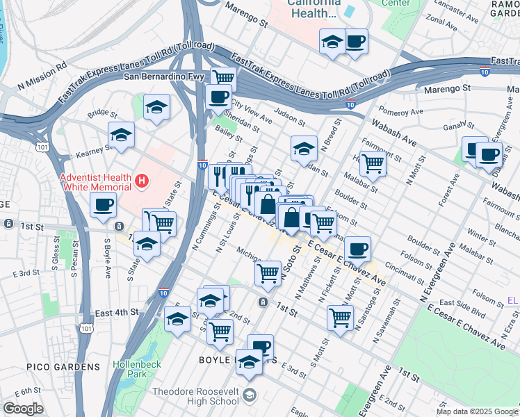 map of restaurants, bars, coffee shops, grocery stores, and more near 329 North Chicago Street in Los Angeles