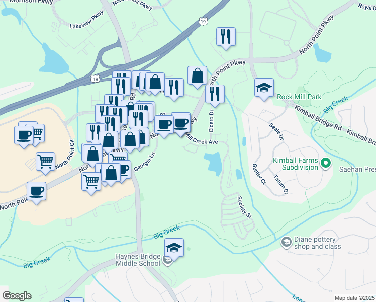 map of restaurants, bars, coffee shops, grocery stores, and more near 2556 Wander Trail in Alpharetta