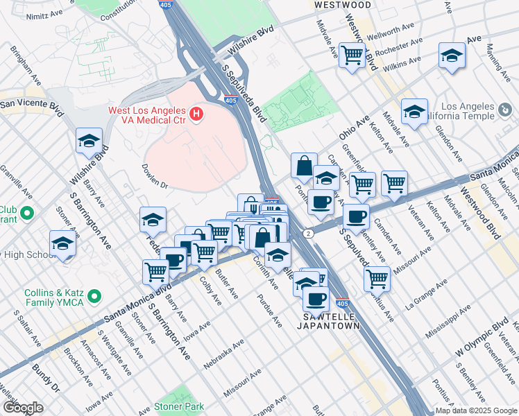 map of restaurants, bars, coffee shops, grocery stores, and more near 1511 Beloit Avenue in Los Angeles