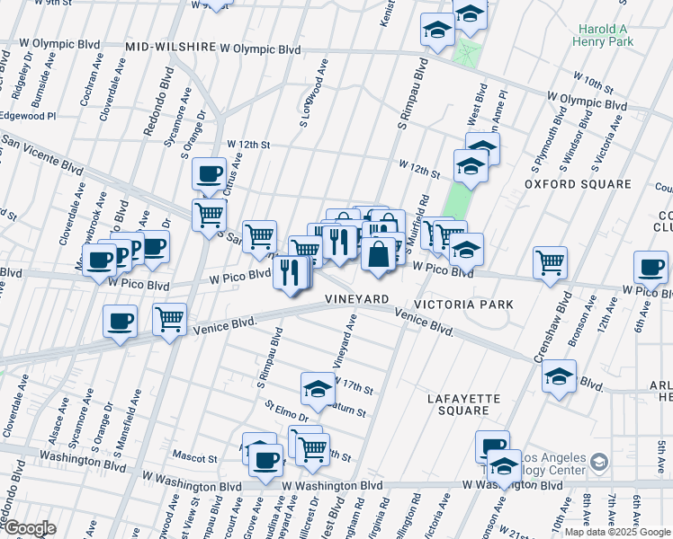 map of restaurants, bars, coffee shops, grocery stores, and more near 4700 West Pico Boulevard in Los Angeles