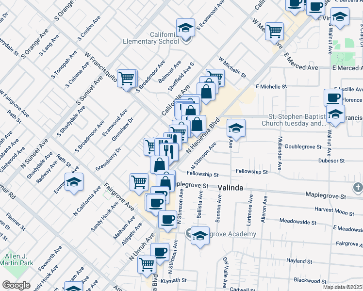 map of restaurants, bars, coffee shops, grocery stores, and more near 15416 Francisquito Ave in La Puente