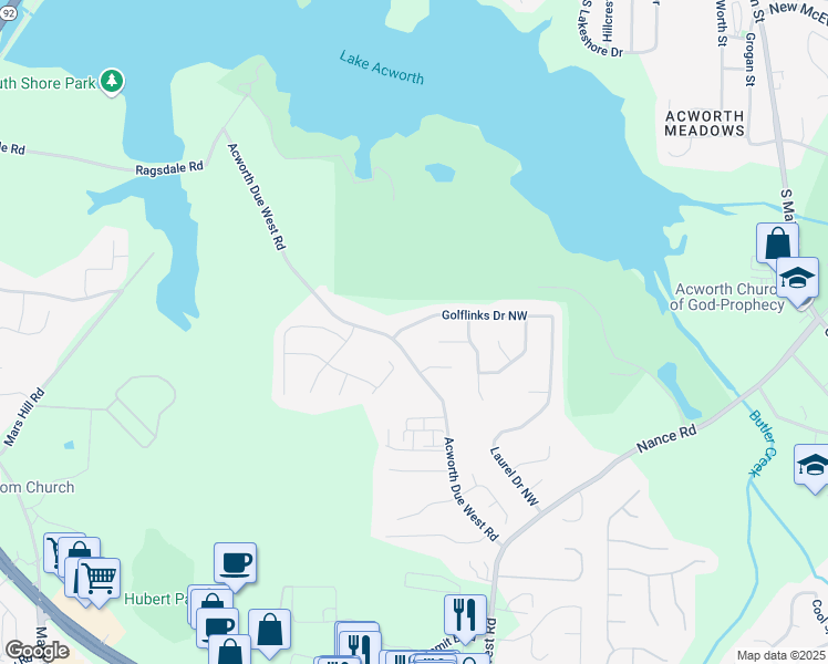 map of restaurants, bars, coffee shops, grocery stores, and more near 3904 Golflinks Drive Northwest in Acworth