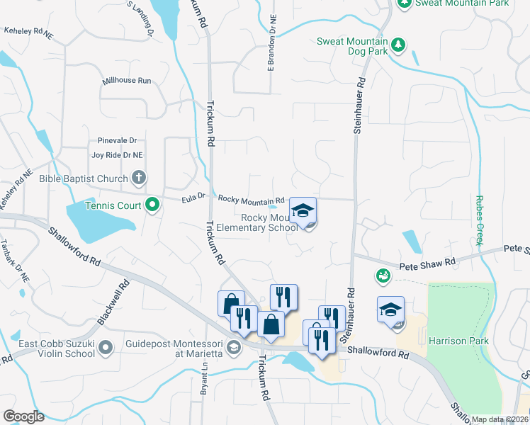 map of restaurants, bars, coffee shops, grocery stores, and more near 4041 Idlewilde Meadows Drive Northeast in Marietta