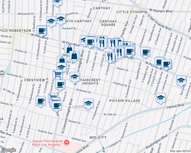 map of restaurants, bars, coffee shops, grocery stores, and more near 1573 Hi Point Street in Los Angeles