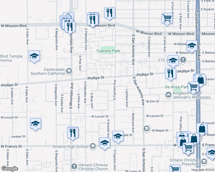 map of restaurants, bars, coffee shops, grocery stores, and more near 837 Contempo Street in Ontario