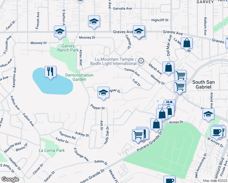 map of restaurants, bars, coffee shops, grocery stores, and more near 7210 Tegner Drive in Rosemead