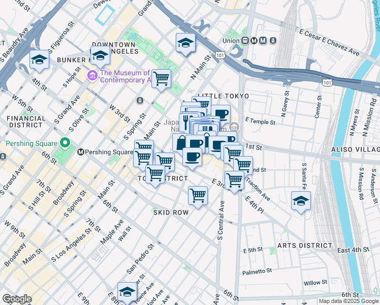map of restaurants, bars, coffee shops, grocery stores, and more near 235 San Pedro Street in Los Angeles