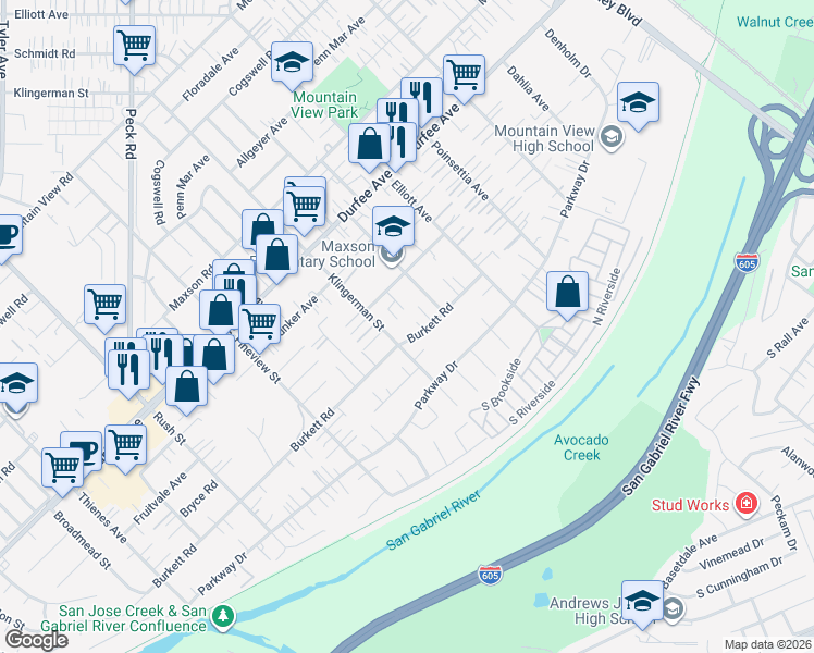 map of restaurants, bars, coffee shops, grocery stores, and more near 2419 Burkett Road in El Monte