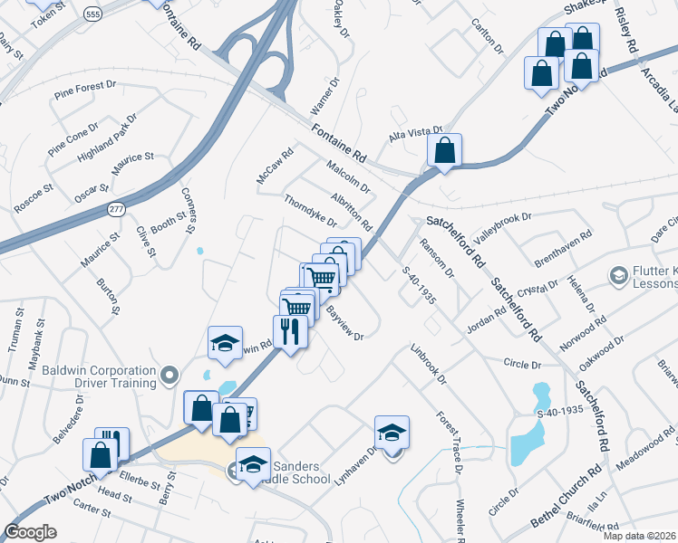 map of restaurants, bars, coffee shops, grocery stores, and more near 5227 Two Notch Road in Columbia