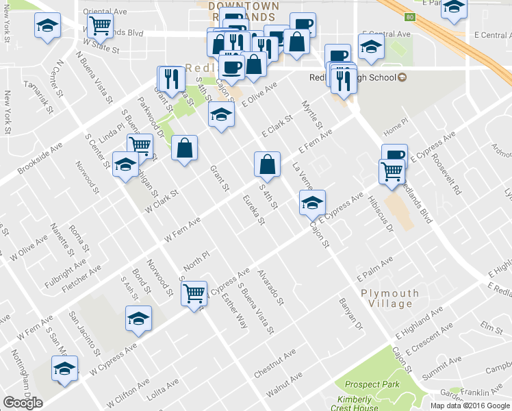 map of restaurants, bars, coffee shops, grocery stores, and more near 433 South Eureka Street in Redlands