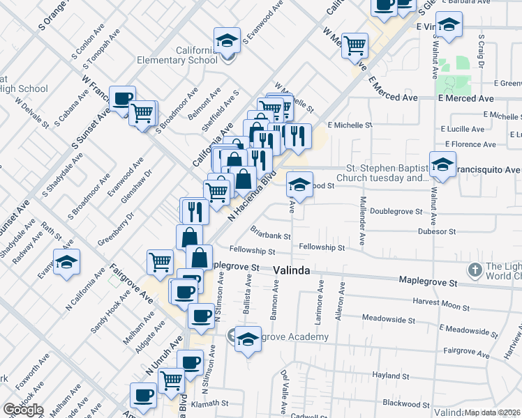 map of restaurants, bars, coffee shops, grocery stores, and more near 1633 North Stimson Avenue in La Puente