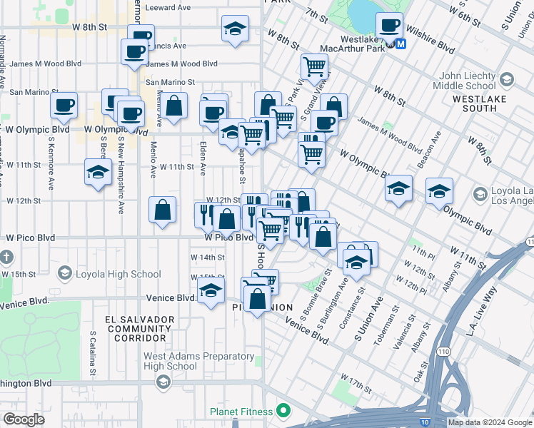 map of restaurants, bars, coffee shops, grocery stores, and more near 1240 Hoover Street in Los Angeles