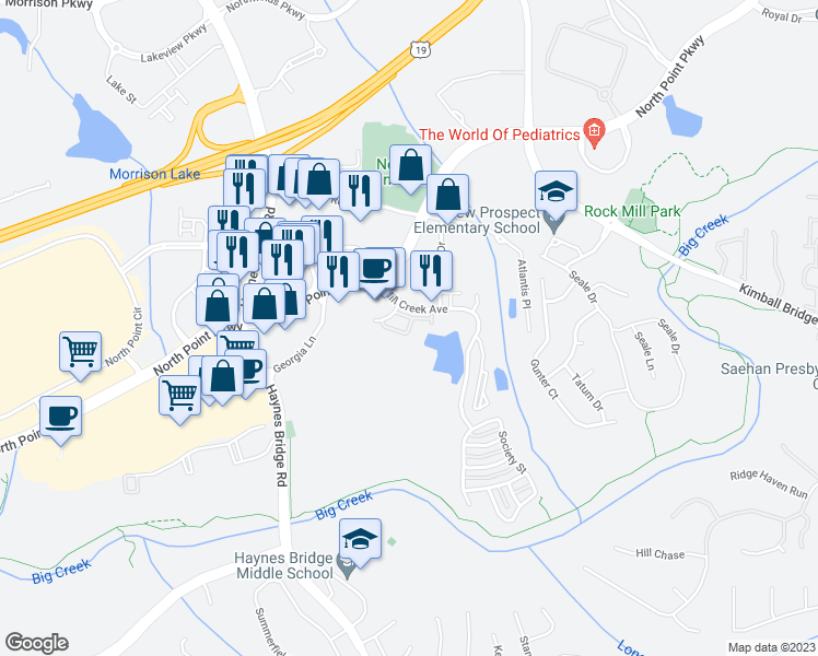 map of restaurants, bars, coffee shops, grocery stores, and more near 2660 Wander Trail in Alpharetta