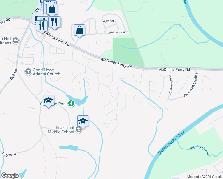 map of restaurants, bars, coffee shops, grocery stores, and more near 8090 Cavendish Place in Suwanee