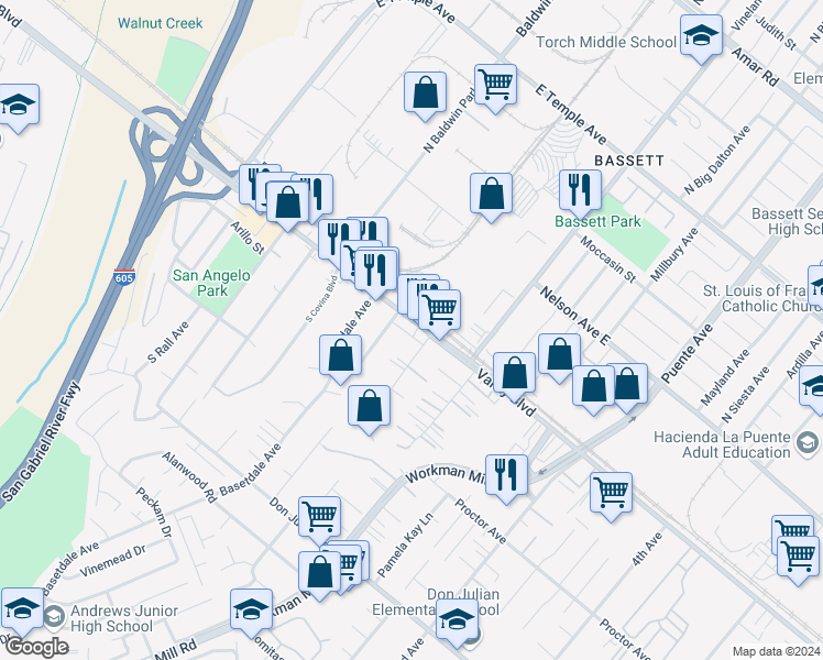 map of restaurants, bars, coffee shops, grocery stores, and more near 13420 Valley Boulevard in La Puente