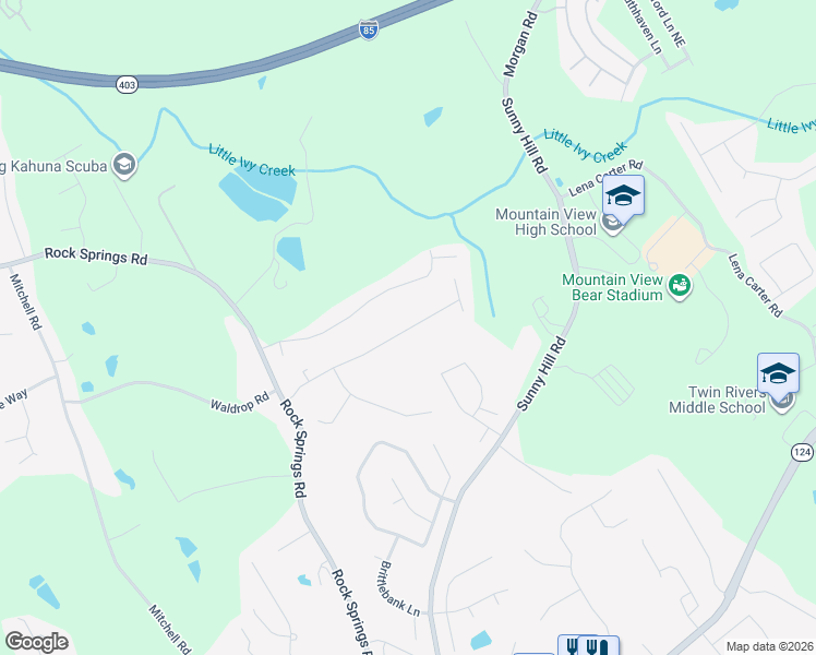 map of restaurants, bars, coffee shops, grocery stores, and more near 1986 Rocksram Drive in Buford