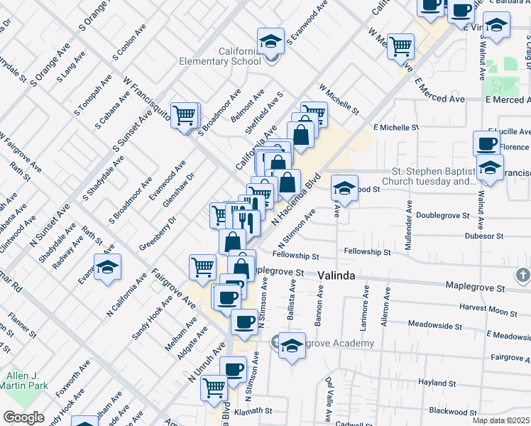 map of restaurants, bars, coffee shops, grocery stores, and more near 15430 Francisquito Avenue in La Puente