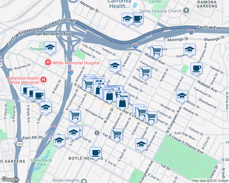 map of restaurants, bars, coffee shops, grocery stores, and more near 354 North Breed Street in Los Angeles