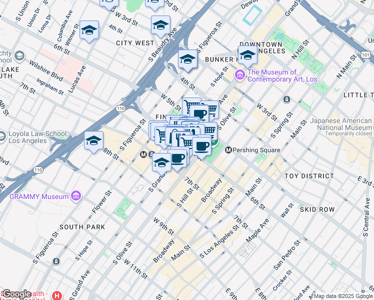 map of restaurants, bars, coffee shops, grocery stores, and more near 611 Wilshire Boulevard in Los Angeles