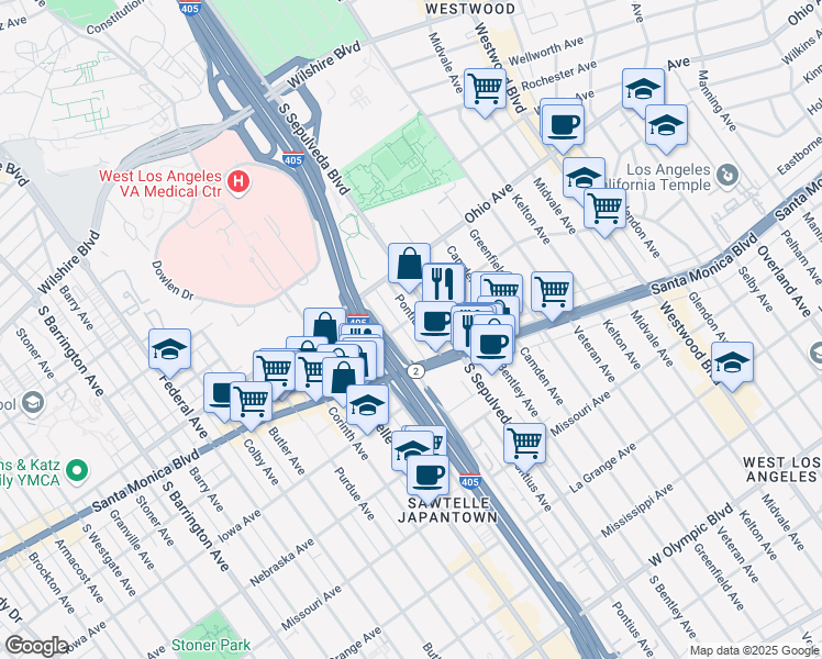 map of restaurants, bars, coffee shops, grocery stores, and more near 1607 Pontius Avenue in Los Angeles