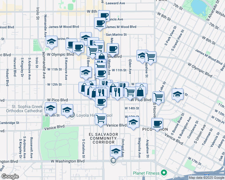 map of restaurants, bars, coffee shops, grocery stores, and more near 1220 Menlo Avenue in Los Angeles