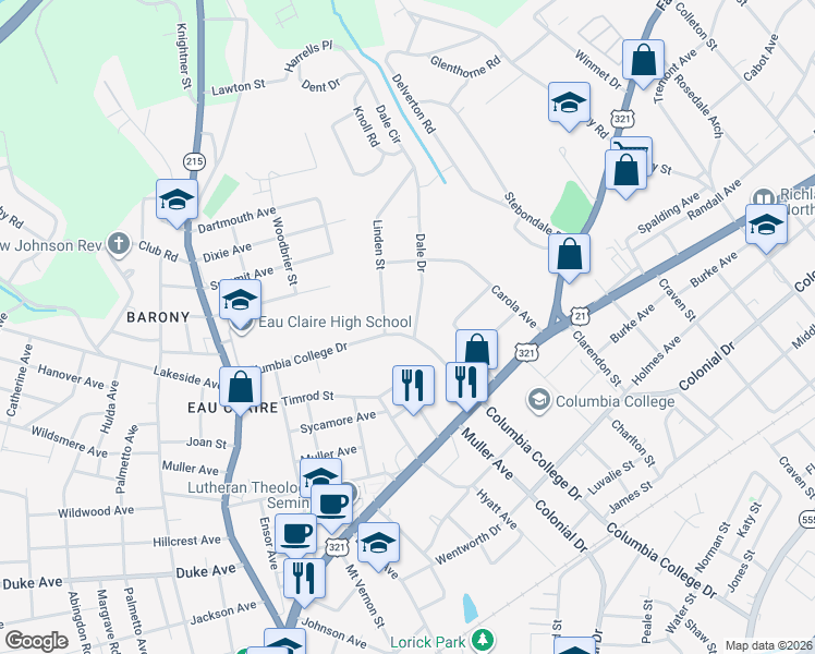map of restaurants, bars, coffee shops, grocery stores, and more near 1025 Columbia College Drive in Columbia