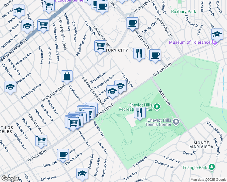 map of restaurants, bars, coffee shops, grocery stores, and more near 2346 Kerwood Avenue in Los Angeles