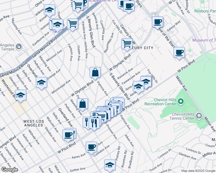 map of restaurants, bars, coffee shops, grocery stores, and more near 2249 Linnington Avenue in Los Angeles