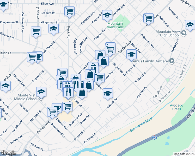 map of restaurants, bars, coffee shops, grocery stores, and more near 2218 Durfee Avenue in El Monte