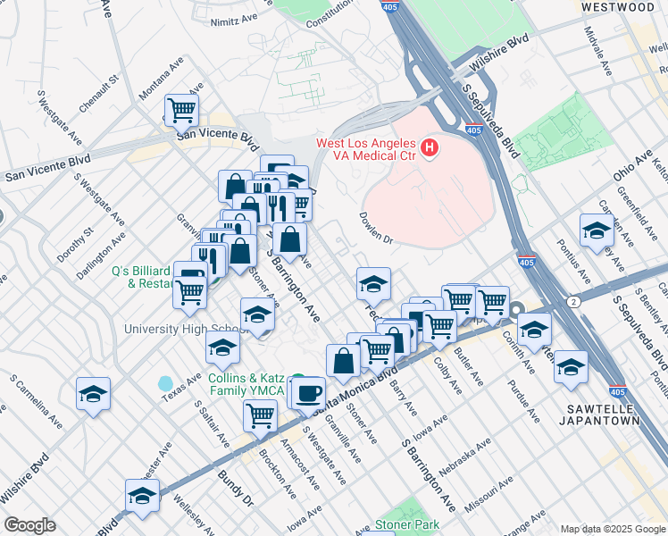 map of restaurants, bars, coffee shops, grocery stores, and more near 1295 Federal Avenue in Los Angeles