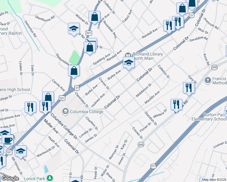 map of restaurants, bars, coffee shops, grocery stores, and more near 5102 Holmes Avenue in Columbia