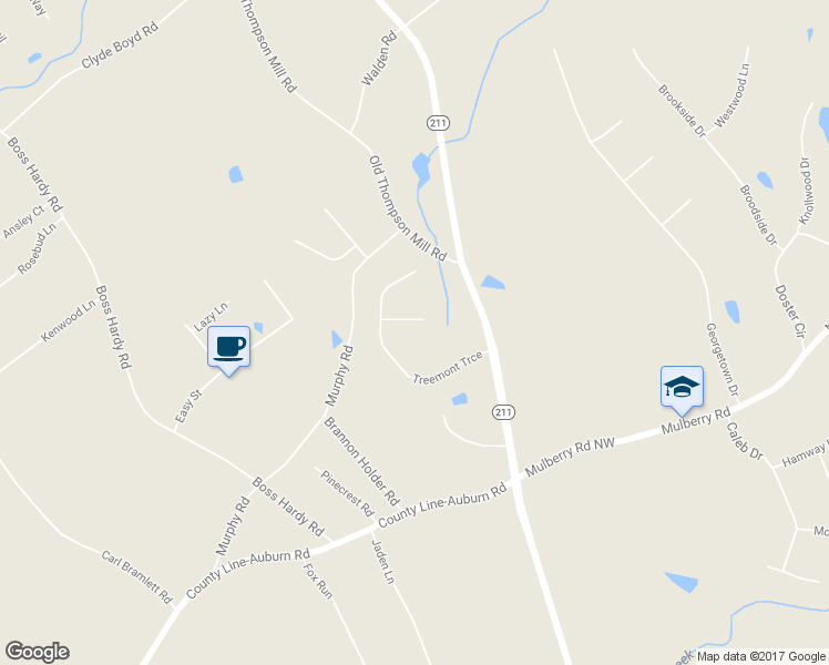 map of restaurants, bars, coffee shops, grocery stores, and more near 105 Treemont Way in Winder