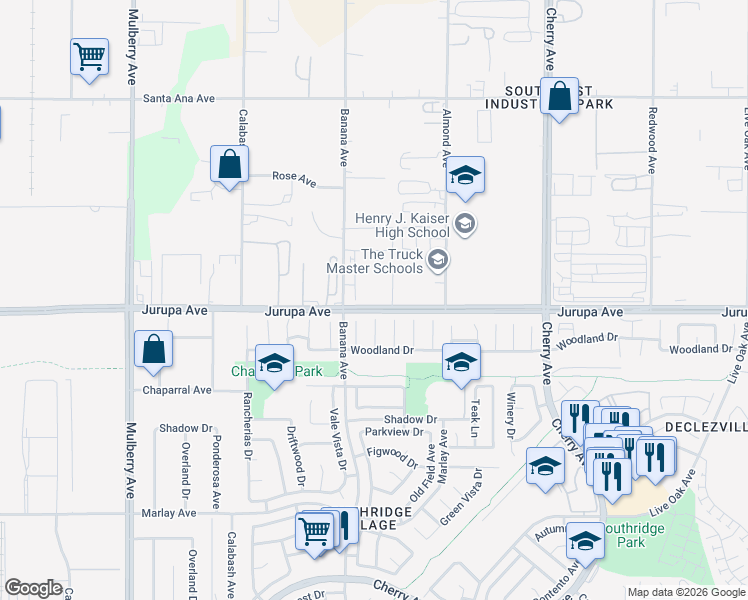 map of restaurants, bars, coffee shops, grocery stores, and more near 14166 Jurupa Avenue in Fontana