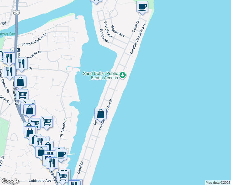 map of restaurants, bars, coffee shops, grocery stores, and more near 1116 Carolina Beach Avenue North in Carolina Beach