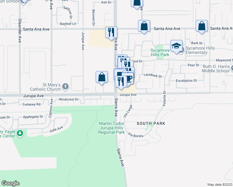map of restaurants, bars, coffee shops, grocery stores, and more near Sierra Avenue in Fontana