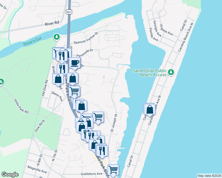 map of restaurants, bars, coffee shops, grocery stores, and more near 1271-1311 St Joseph St in Carolina Beach