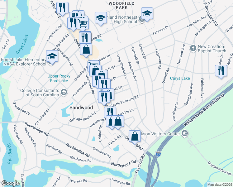 map of restaurants, bars, coffee shops, grocery stores, and more near 1114 Robins Nest Road in Columbia
