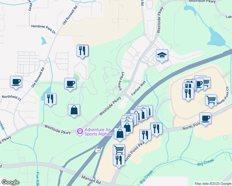 map of restaurants, bars, coffee shops, grocery stores, and more near 204 Arpeggio Way in Alpharetta