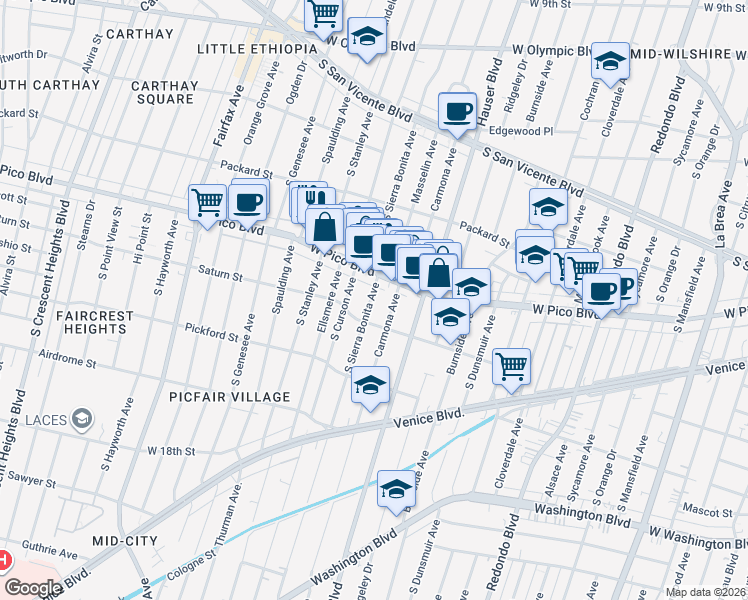 map of restaurants, bars, coffee shops, grocery stores, and more near 1426 South Sierra Bonita Avenue in Los Angeles