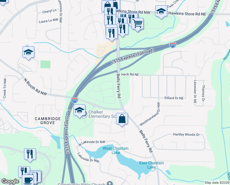 map of restaurants, bars, coffee shops, grocery stores, and more near 252 Vinca Circle Northwest in Kennesaw
