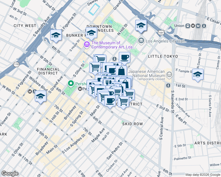 map of restaurants, bars, coffee shops, grocery stores, and more near 103 West 4th Street in Los Angeles