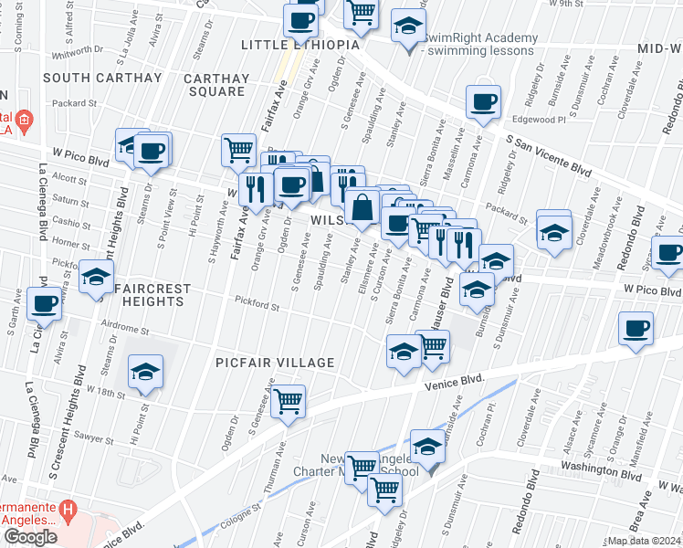 map of restaurants, bars, coffee shops, grocery stores, and more near 1507 South Stanley Avenue in Los Angeles