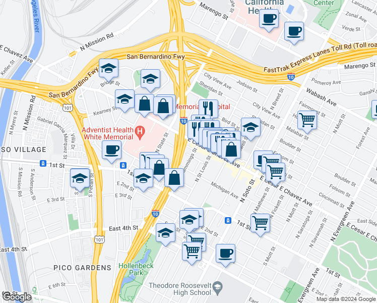map of restaurants, bars, coffee shops, grocery stores, and more near 1965 New Jersey Street in Los Angeles