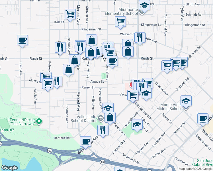 map of restaurants, bars, coffee shops, grocery stores, and more near 1703 Central Avenue in South El Monte