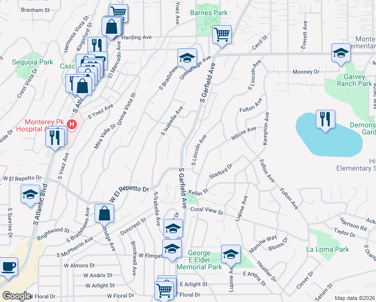 map of restaurants, bars, coffee shops, grocery stores, and more near 1110 South Garfield Avenue in Monterey Park