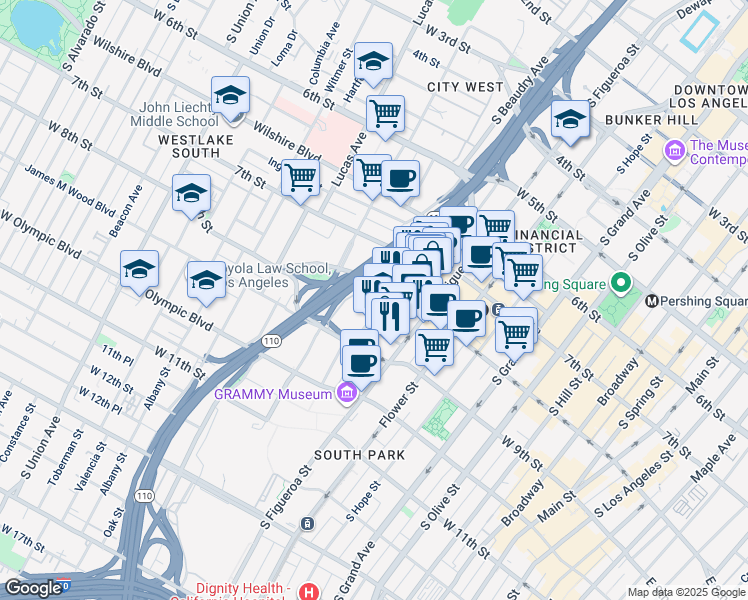 map of restaurants, bars, coffee shops, grocery stores, and more near 801 Francisco Street in Los Angeles