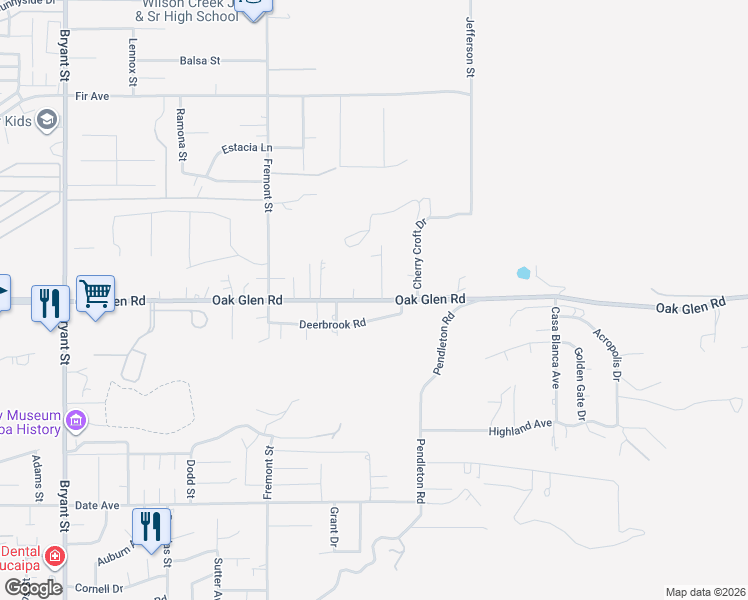 map of restaurants, bars, coffee shops, grocery stores, and more near 35890 Oak Glen Road in Yucaipa