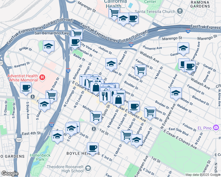 map of restaurants, bars, coffee shops, grocery stores, and more near 354 North Breed Street in Los Angeles