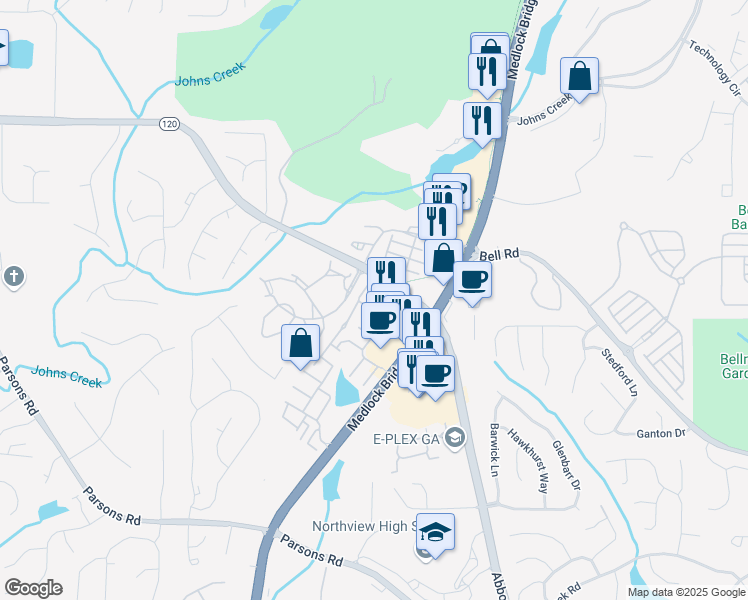 map of restaurants, bars, coffee shops, grocery stores, and more near 6079 Joybrook Road in Duluth